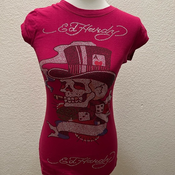 Ed Hardy Tops - Ed Hardy Pink Magenta Skull Rhinestone Graphic Tee Y2K vintage